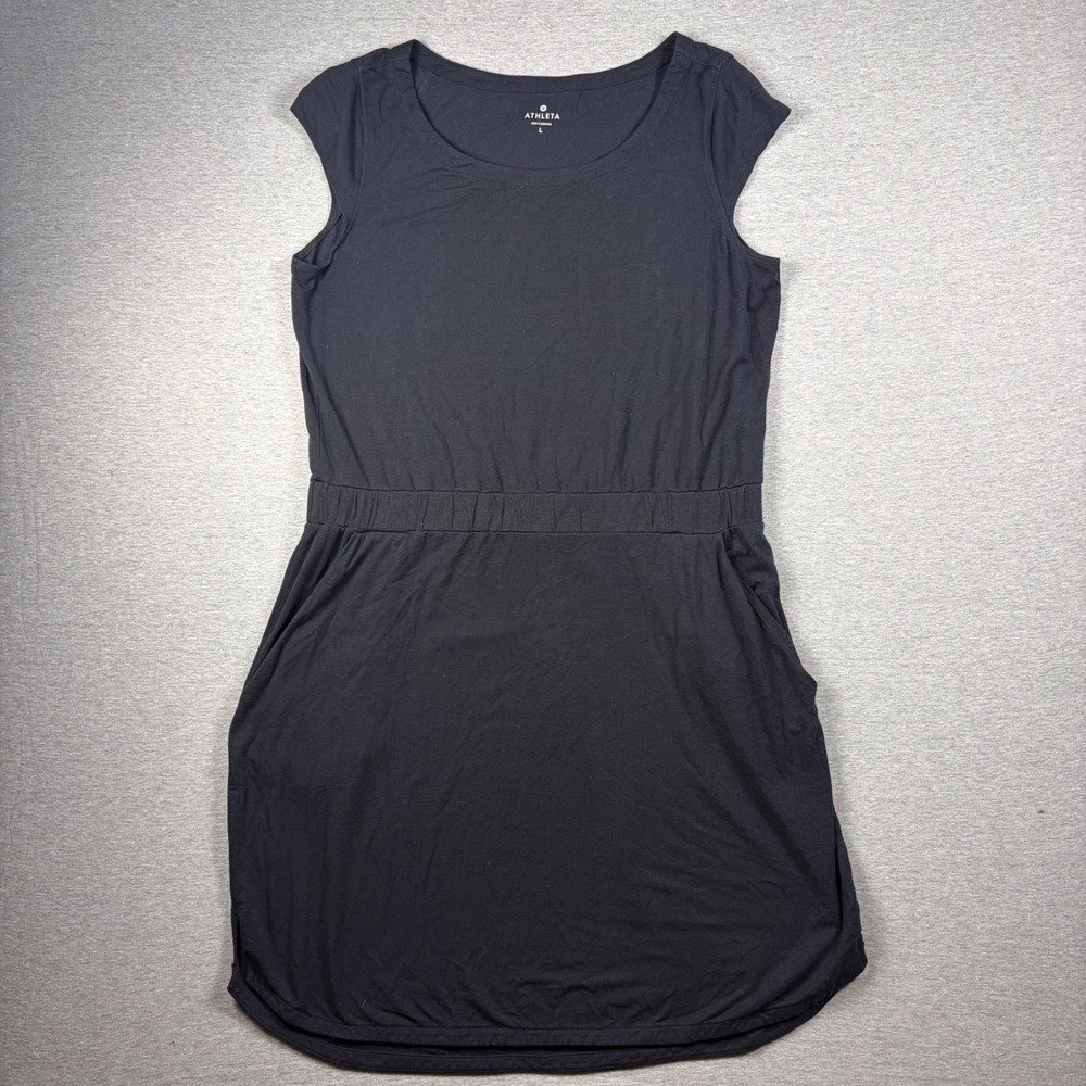 Athleta Dress Large Black Silk Blend Cap Sleeve Casual Mini Pockets